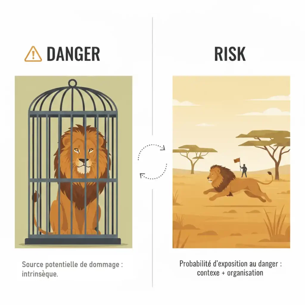Schéma explicatif différence entre danger (lion en cage) et risque (lion en liberté) prévention des risques.