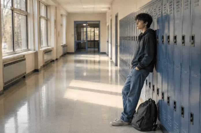 Jeune lycéen seul dans un couloir vide, symbolisant le doute et la fatigue scolaire avant une décision d'arrêter ses études