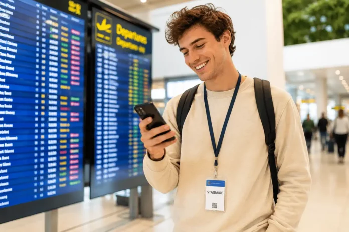 Étudiant avec sac à dos et badge de stagiaire consultant son téléphone devant un tableau de départs d'aéroport, illustrant les programmes de stage à l'étranger en 2026