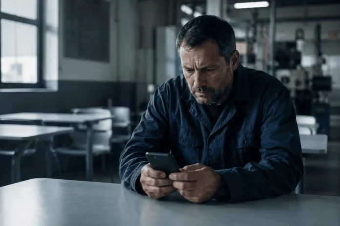 Un salarié en bleu de travail consulte son téléphone dans une salle de pause d'usine vide pendant une période de chômage technique