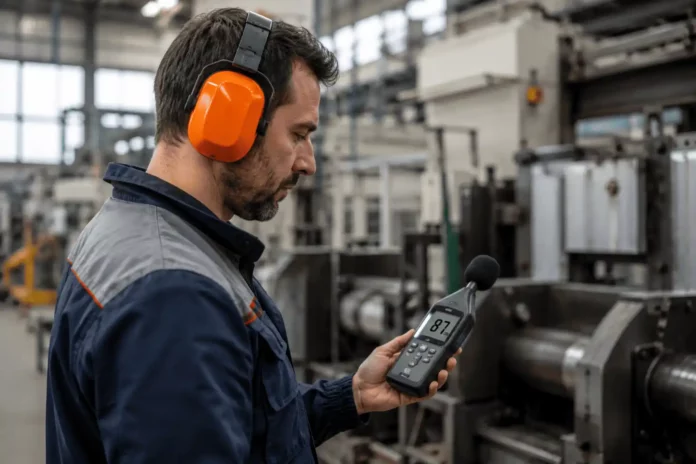 Ouvrier portant un casque anti-bruit dans une usine et vérifiant un sonomètre affichant 87 dB