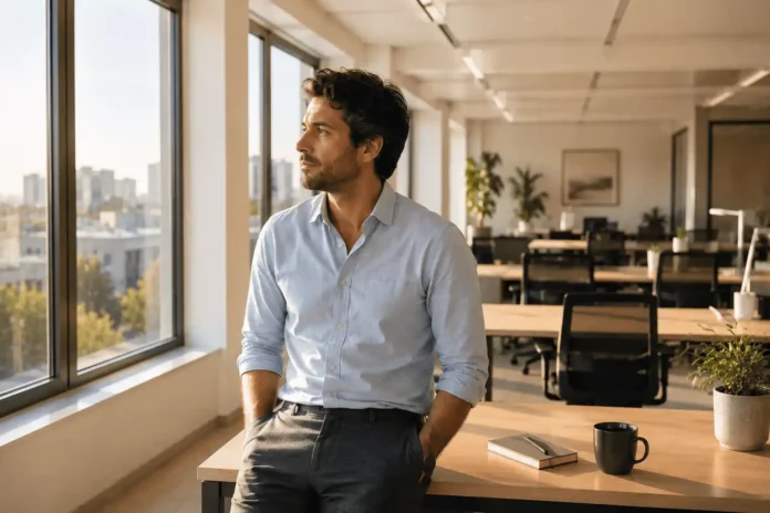 Manager à haut potentiel émotionnel en moment d'introspection après une journée de travail chargée émotionnellement