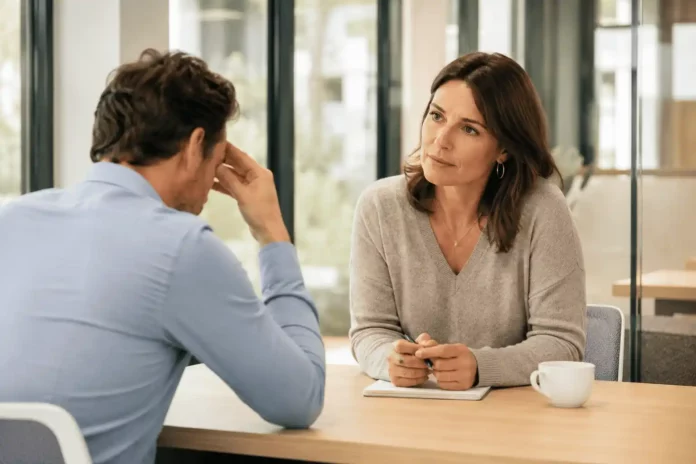 Manager pratiquant l'intelligence émotionnelle lors d'un entretien bienveillant avec un collaborateur au bureau