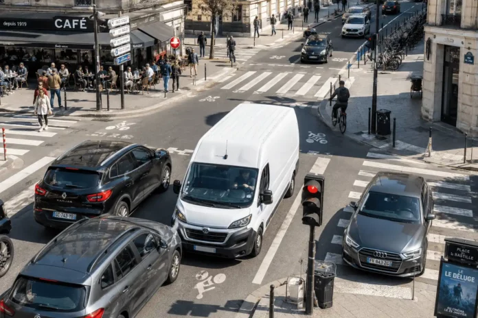 Conducteur professionnel en camionnette de livraison à un carrefour urbain, illustrant le risque routier en entreprise