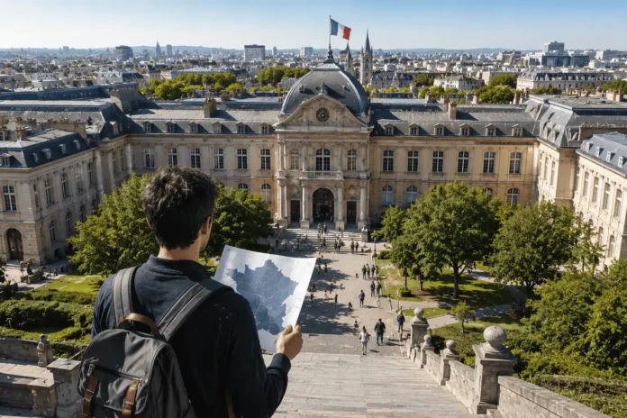 Étudiant international arrivant devant un campus universitaire en France pour ses études