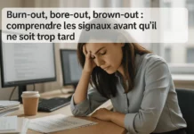Salarié en 2025 montrant les signes de burn-out au travail devant un bureau surchargé