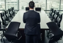 Un manager debout dans une salle de réunion vide, symbolisant l’isolement et la sanction liés au management toxique reconnu comme faute grave.