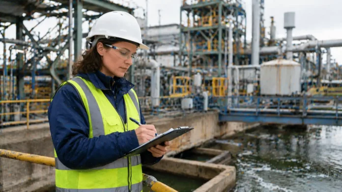 Responsable QHSE réalisant un audit environnemental sur un site industriel