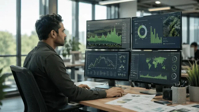 Data analyst ESG analysant des données carbone et environnementales sur plusieurs écrans