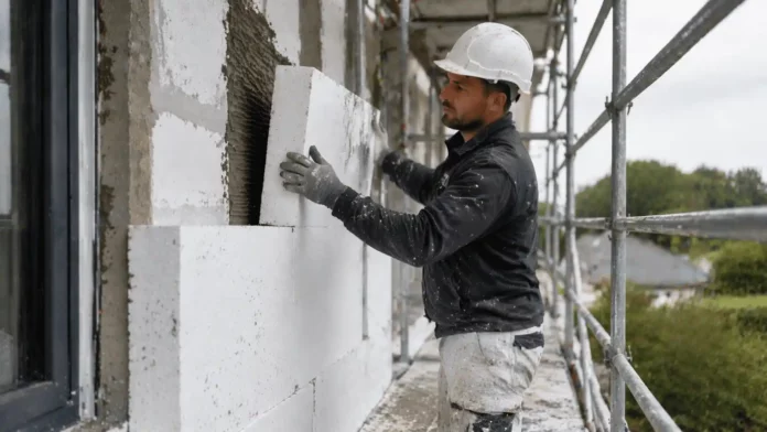 Technicien en rénovation énergétique posant une isolation thermique sur un chantier