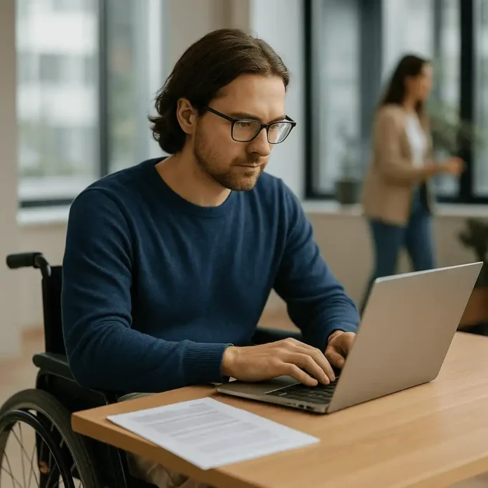 Adulte en situation de handicap travaillant sur ordinateur dans un bureau moderne, illustrant l’AAH 2026 et le cumul possible entre emploi, droits sociaux et autonomie