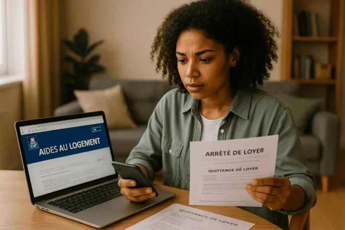 Adulte consultant une demande d’APL ou un simulateur logement sur ordinateur à domicile, illustrant les aides logement 2026 et les démarches CAF
