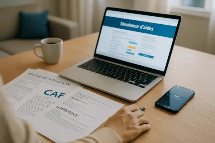 Personne consultant des documents administratifs et un simulateur d’aides sociales sur un ordinateur portable, symbolisant les aides financières 2026