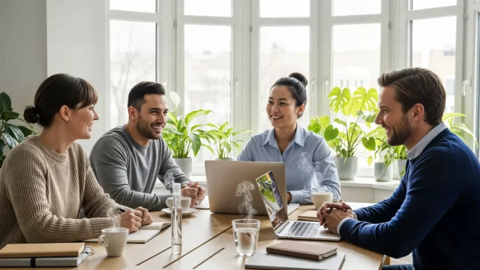 Équipe de salariés en discussion dans un bureau lumineux, ambiance positive et collaborative symbolisant la qualité de vie au travail et la prévention des risques psychosociaux en 2025.