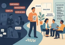 Illustration montrant un bureau coupé en deux : à gauche, une ambiance sombre avec surcharge, harcèlement, conflits et perte de sens ; à droite, un environnement positif axé sur l’écoute, le dialogue et le soutien managérial. Au centre, une personne tenant un “Plan RPS 2026” symbolise la transition vers une meilleure prévention des risques psychosociaux.