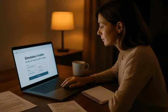 Personne utilisant un simulateur d’aides 2026 sur ordinateur pour vérifier ses droits RSA, prime d’activité, APL et bourses