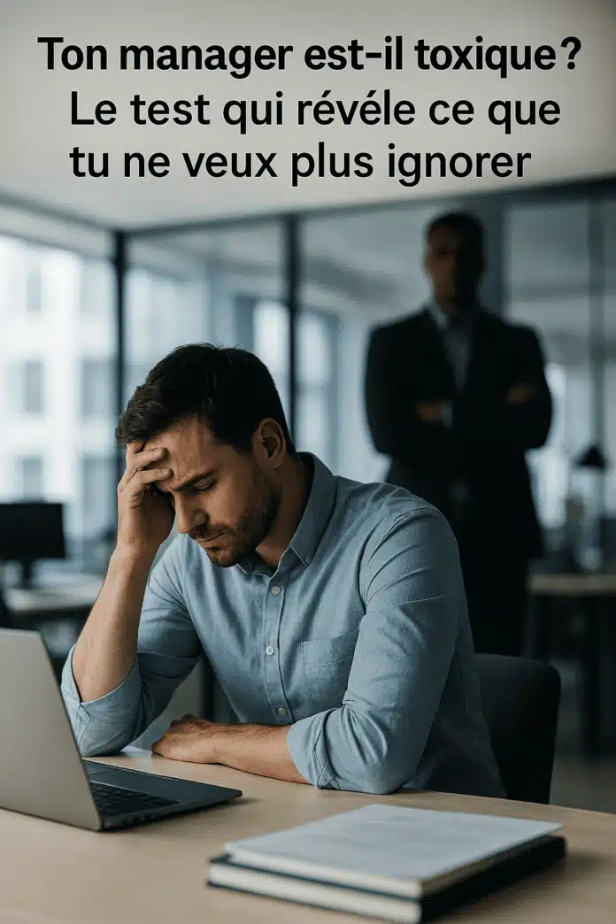 Salarié stressé face à son ordinateur avec un manager dominant en arrière-plan, illustrant une situation de management toxique