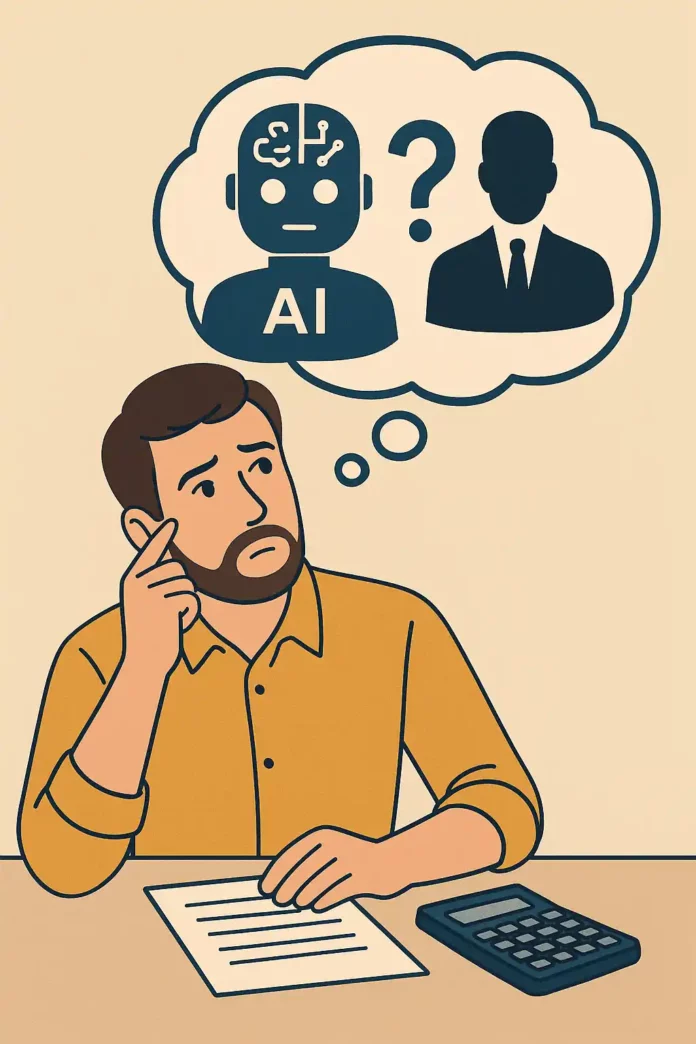 Illustration d’un salarié se demandant si son métier est menacé par l’IA, avec un robot et une silhouette humaine dans une bulle de réflexion.