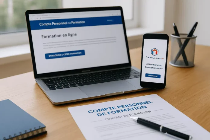 Bureau professionnel avec un ordinateur affichant le site du Compte Personnel de Formation et un smartphone ouvert sur FranceConnect+, symbolisant le CPF 2026 et ses nouvelles démarches.