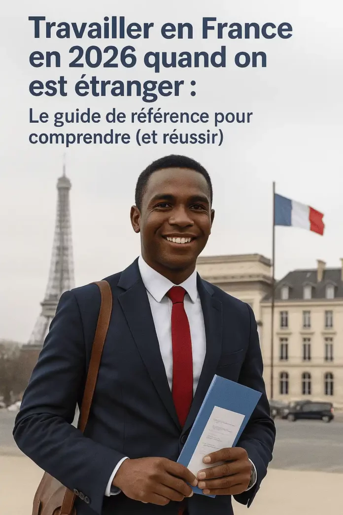 Jeune travailleur étranger souriant en costume devant la tour Eiffel et un drapeau français, tenant des documents administratifs — illustration réaliste d’un guide sur travailler en France en 2026.