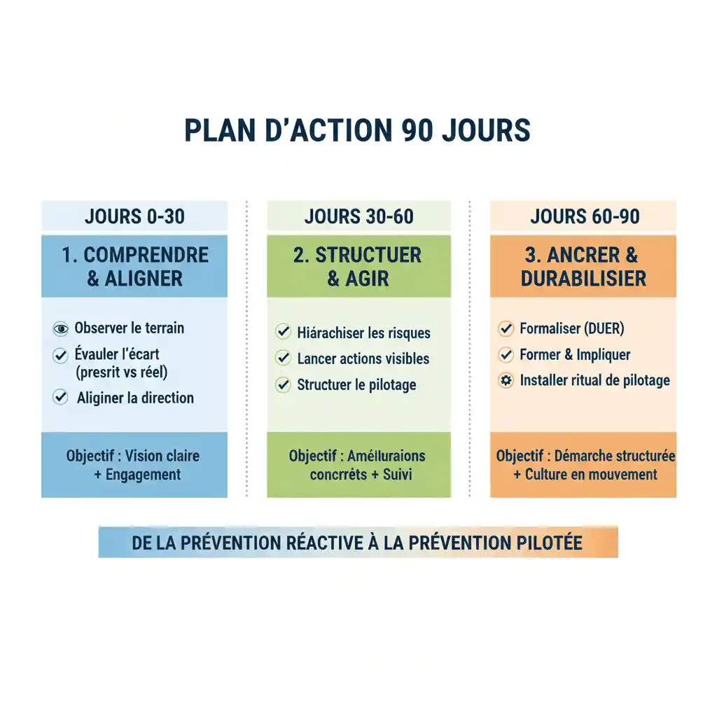 Plan d'action 90 jours pour structurer la démarche de prévention des risques professionnels en entreprise