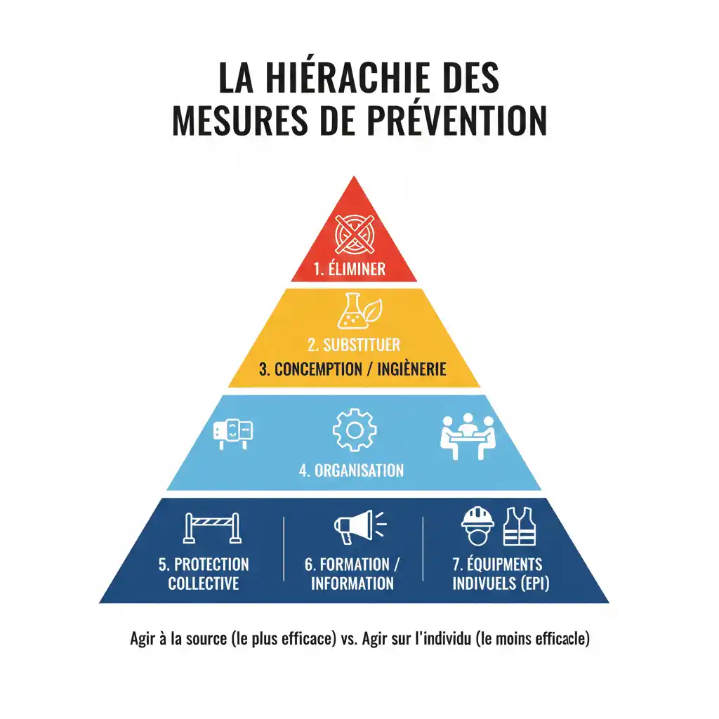 Pyramide de la hiérarchie des mesures de prévention : agir à la source avant les protections individuelles.